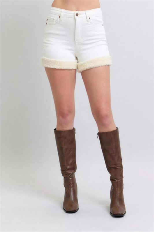 Judy Blue Shearling Cuff Denim Shorts in White