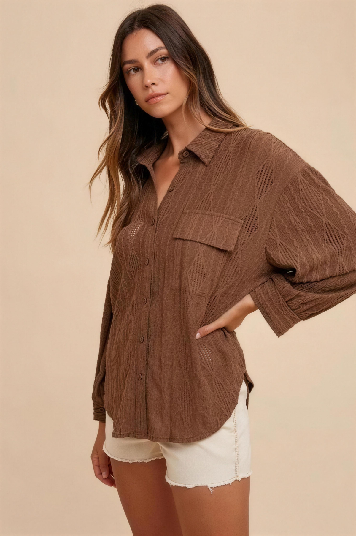Annie Wear Openwork Button-Down Shirt in Brown