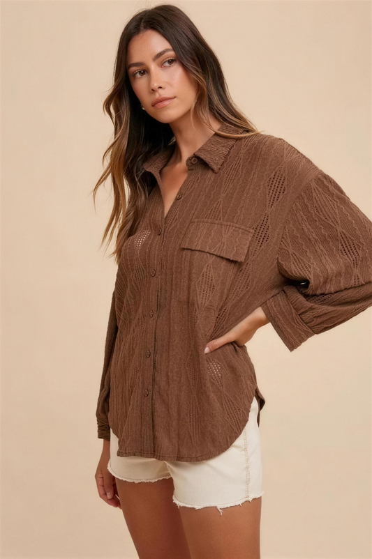 Annie Wear Openwork Button-Down Shirt in Brown