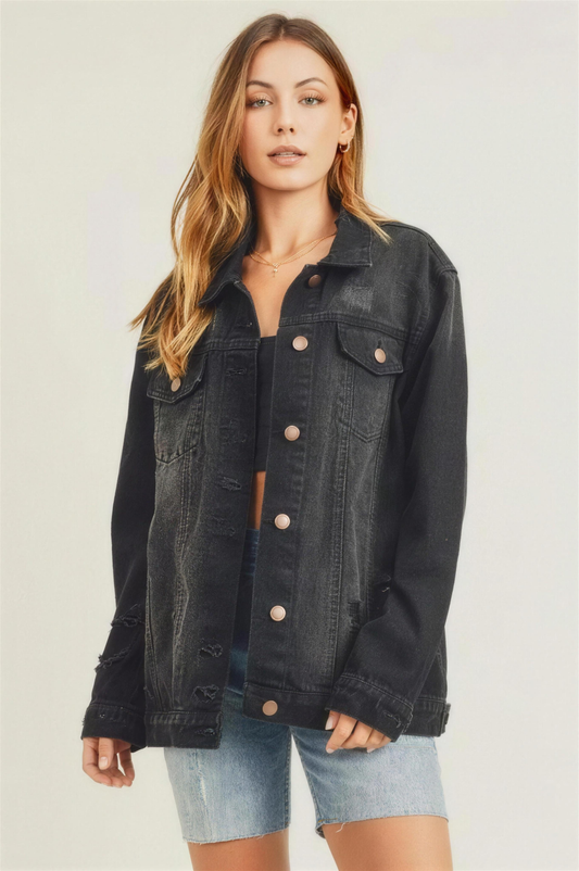 Risen Distressed Denim Jacket in Black
