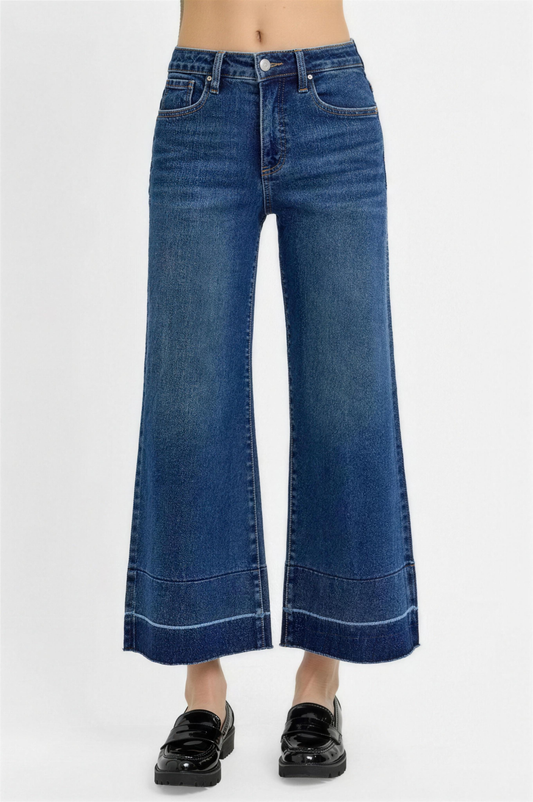 Risen Tummy Control Crop Wide Hem Jeans in Dark Wash