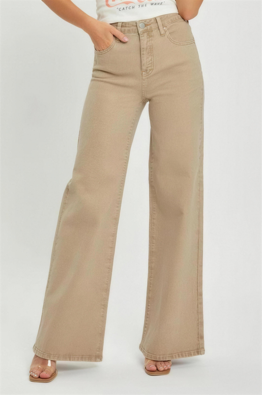 Risen Tummy Control Wide Leg Jeans in Tan