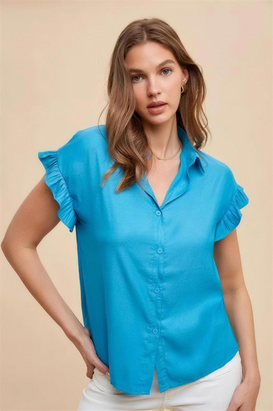 Annie Wear Ruffle Sleeve Blouse in Bright Teal