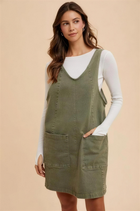 Annie Wear V-Neck Denim Overall Dress in Army Green