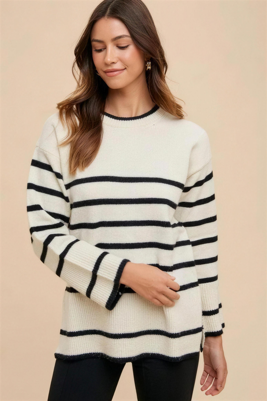 Annie Wear Side Slit Striped Round Neck Sweater in Ivory