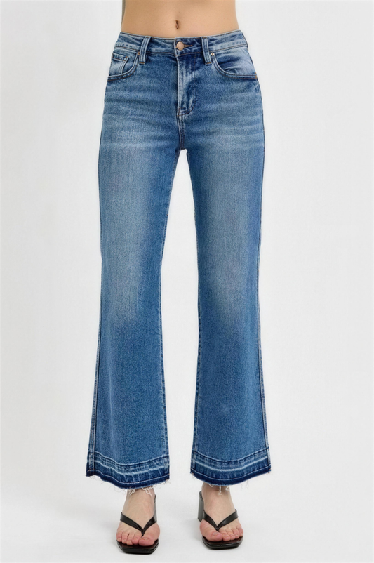 Risen Raw Hem Ankle Bootcut Jeans in Medium Wash