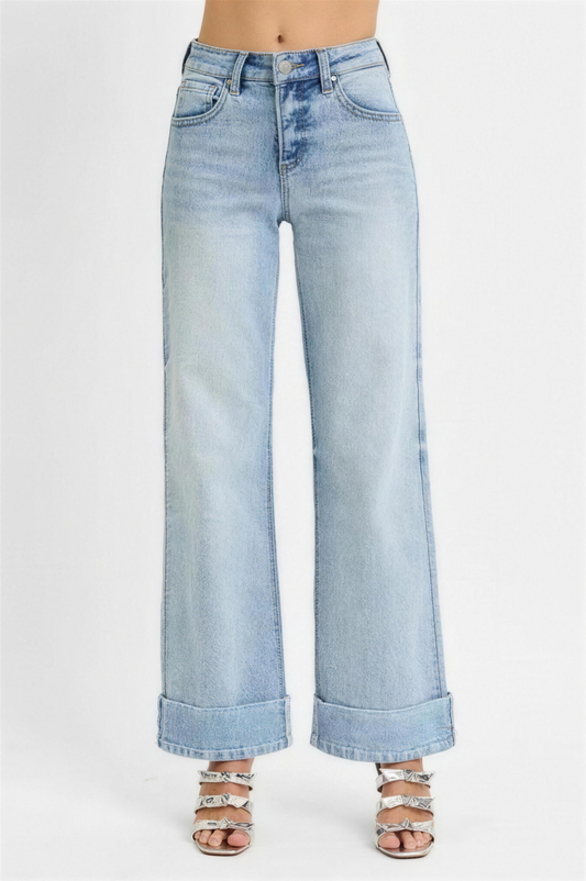 Risen Tummy Control Ankle Wide Jeans in Light Wash