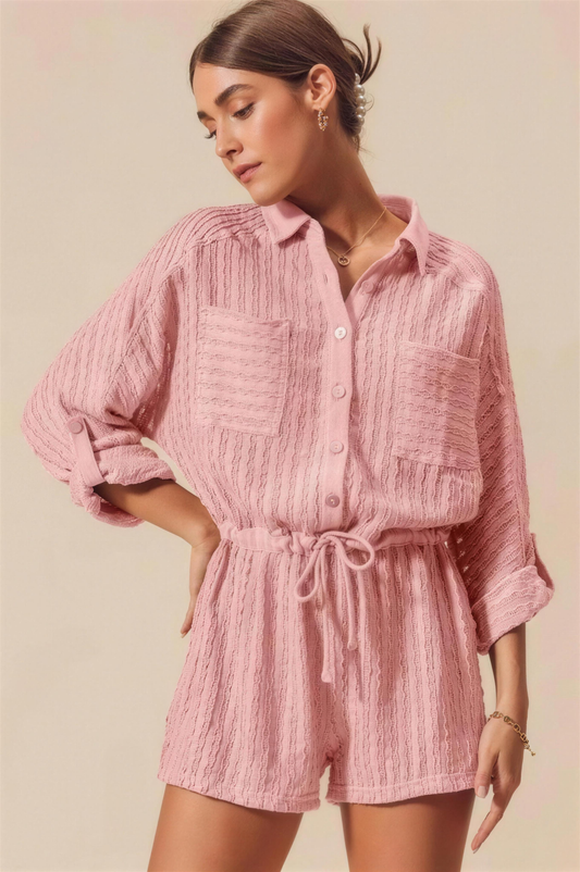 So Me Textured Knit Button Front Romper in Dusty Pink