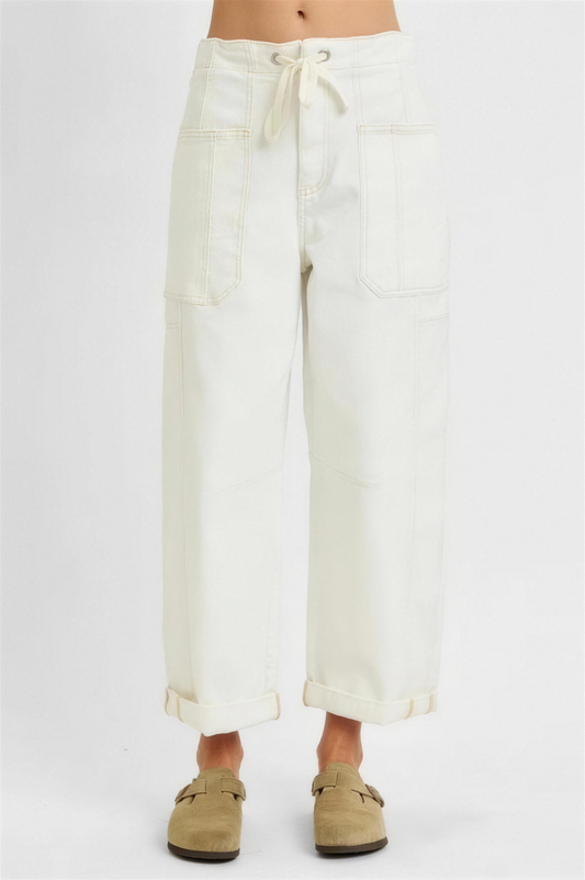 Risen High Rise Wide Barrel Cargo Jeans in Cream