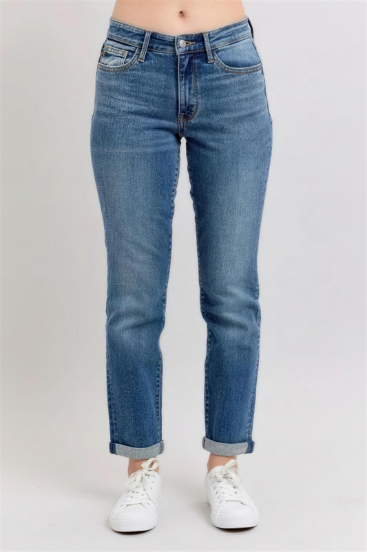 Judy Blue Mid Rise Skinny Cuff Jeans in Dark Wash