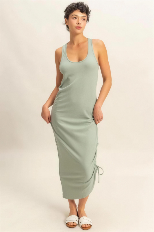 Hyfve Scoop Neck Side-Tie Midi Dress in Sage Green