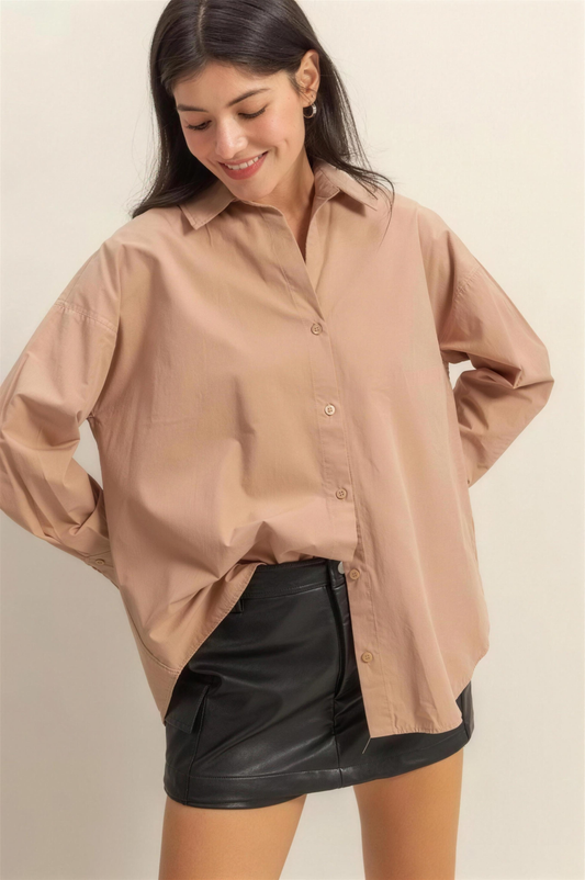 Hyfve Button Down Long Sleeve Shirt in Tan