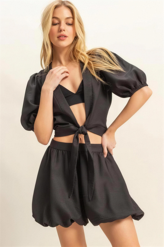 Hyfve Front Tie Top and Bubble Hem Shorts Set in Black