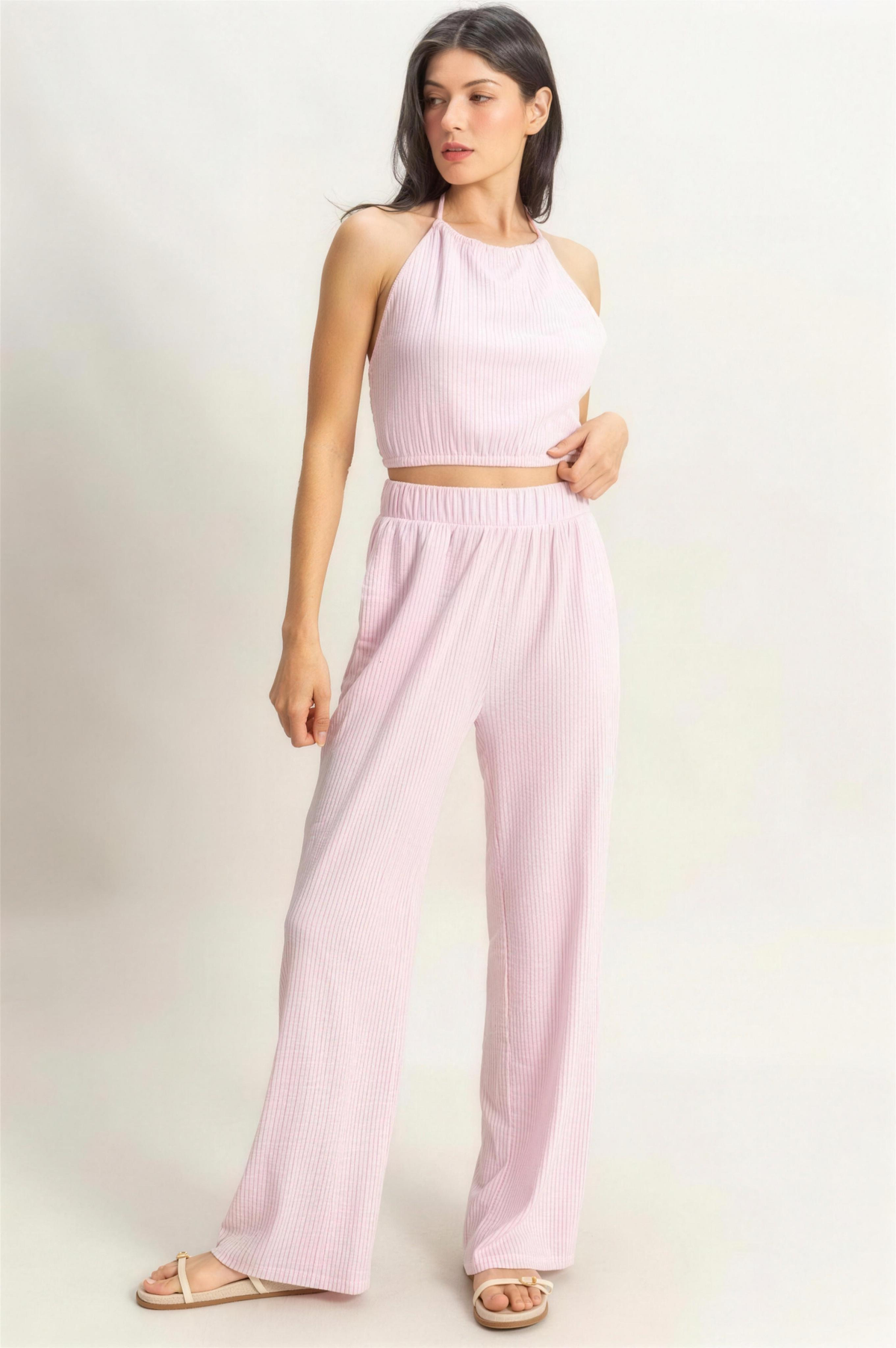 Hyfve Striped Halter Neck Top and Pants Set in Pink/White