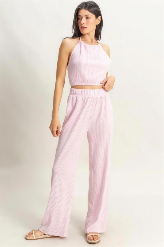 Hyfve Striped Halter Neck Top and Pants Set in Pink/White