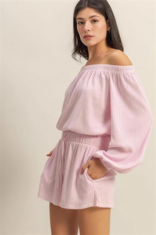 Hyfve Off Shoulder Top and Shorts Set in Pink/White