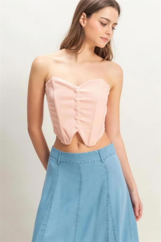 Hyfve Buttoned Strapless Knit Bustier Top in Peach