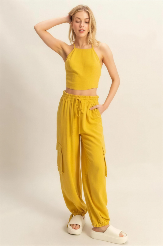 Hyfve Crop Top and Cargo Pants Set in Mustard