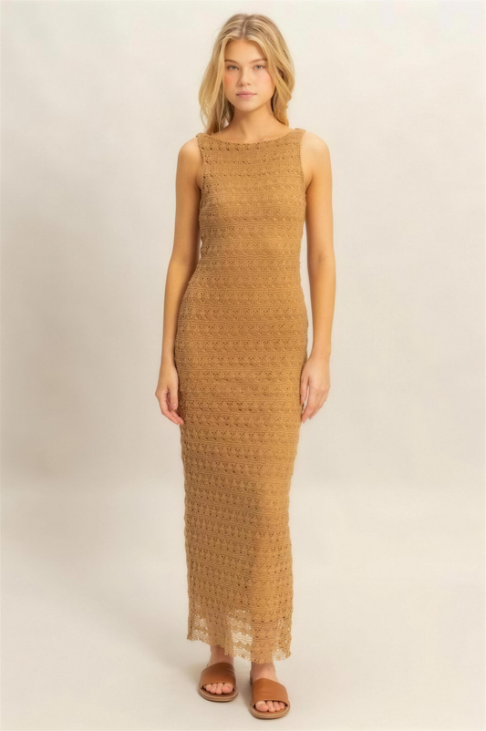 Hyfve Crochet Open Back Maxi Dress in Light Brown