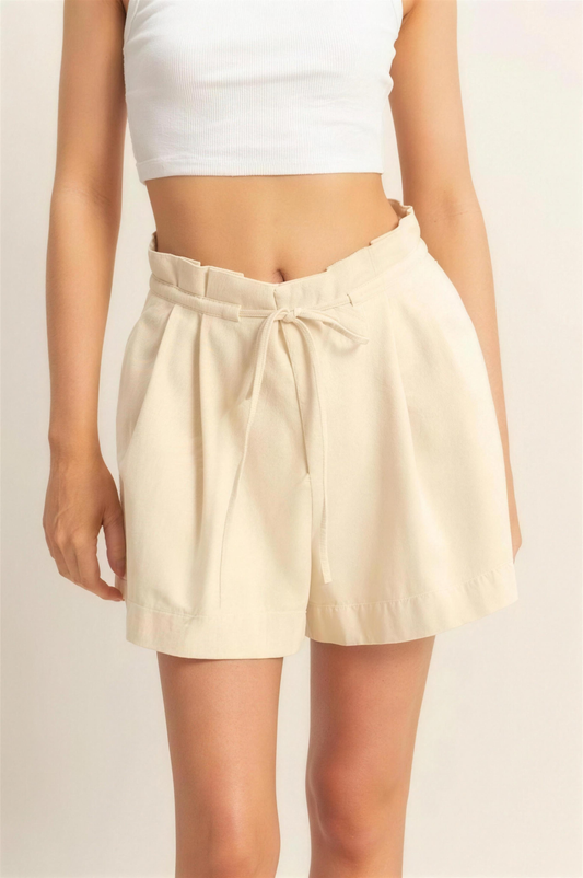Hyfve Paperbag Waist Twill Shorts in Oatmeal
