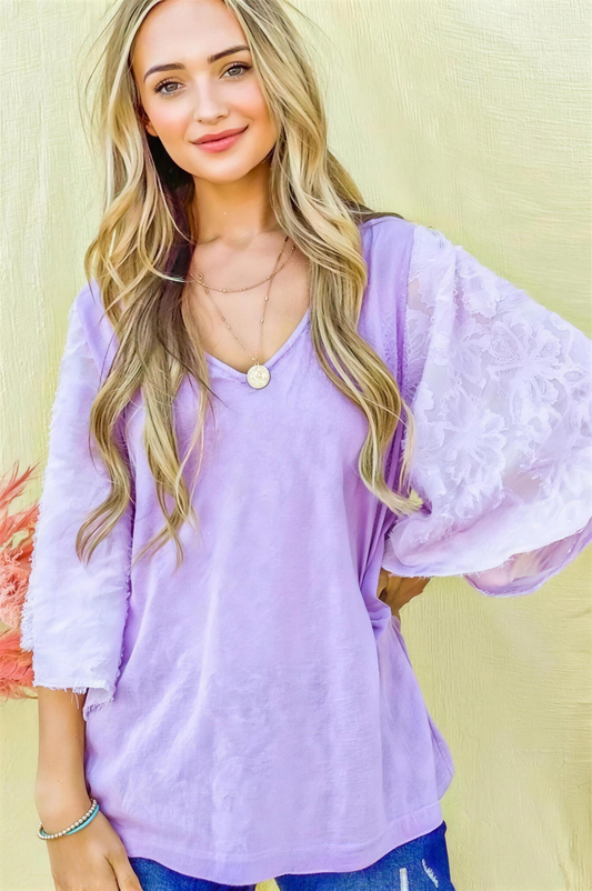 And The Why Feather-Detail Slub Top in Lilac