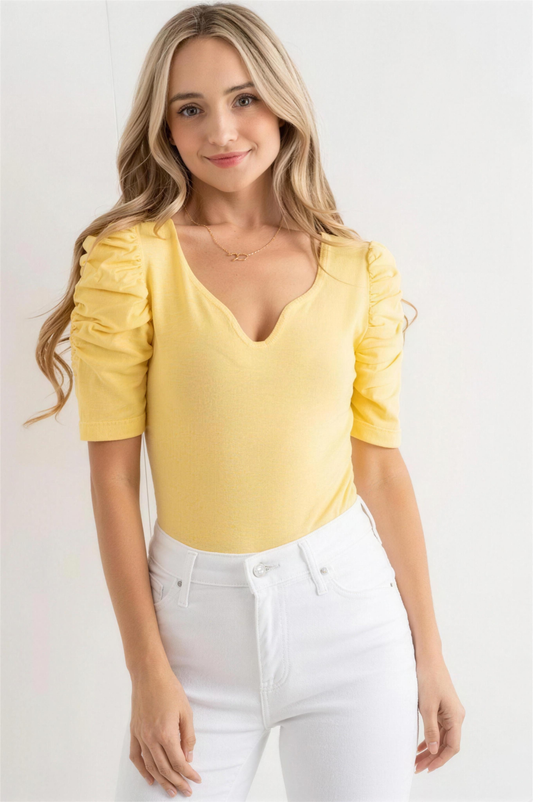 And The Why Shirring Puff Sleeve Bodysuit in Pale Yellow