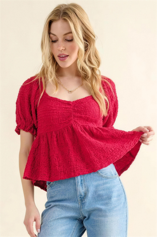 And The Why Halter Cold-Shoulder Smocked Top in Red