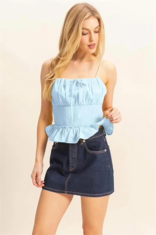 Hyfve Smocked Waist Poplin Cami Top in Light Blue