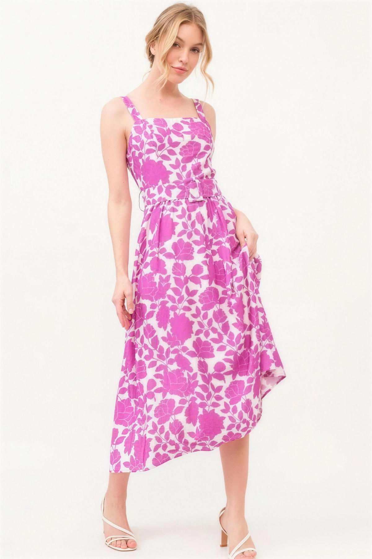 And The Why Square Neck Belted Floral Midi Dress in Magenta
