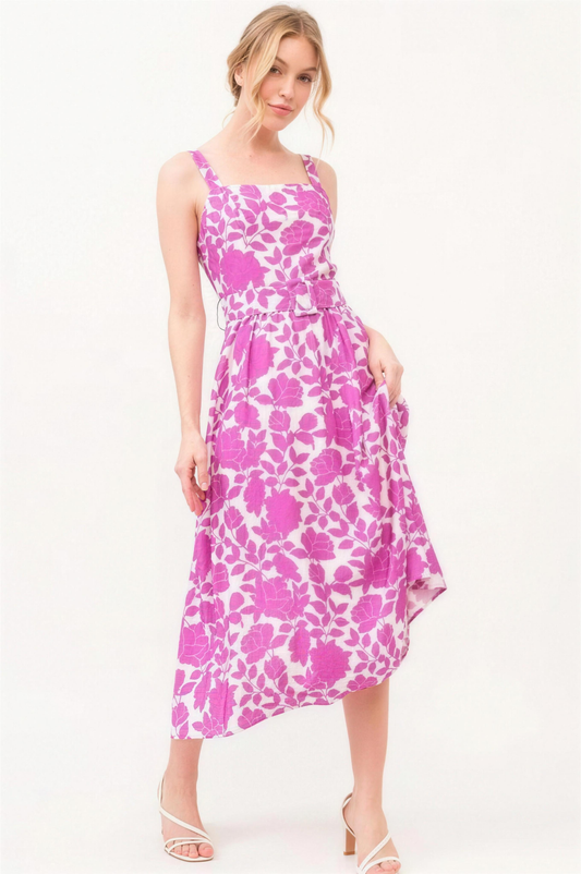 And The Why Square Neck Belted Floral Midi Dress in Magenta