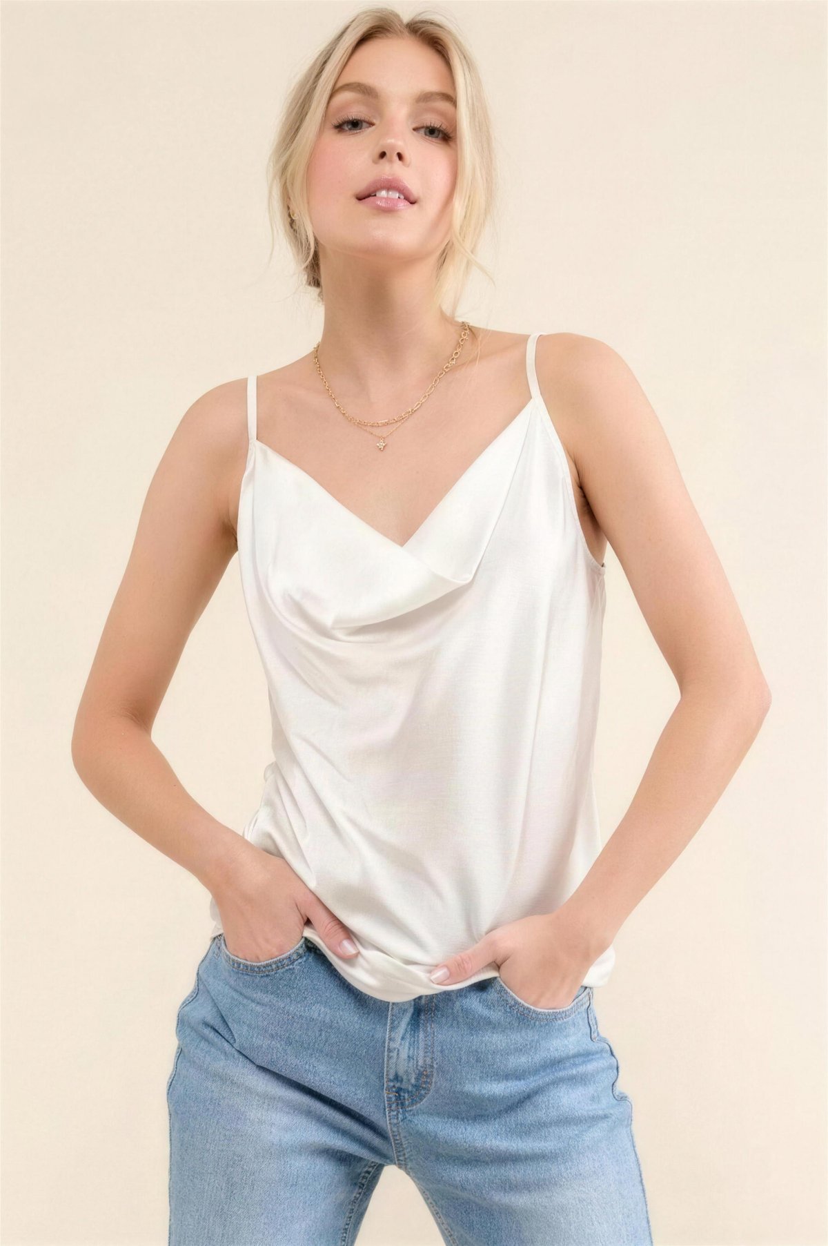 And The Why Satin Adjustable-Strap Cami in White