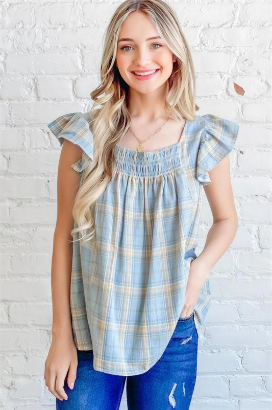 And The Why Plaid Ruffle Baby Doll Top in Blue