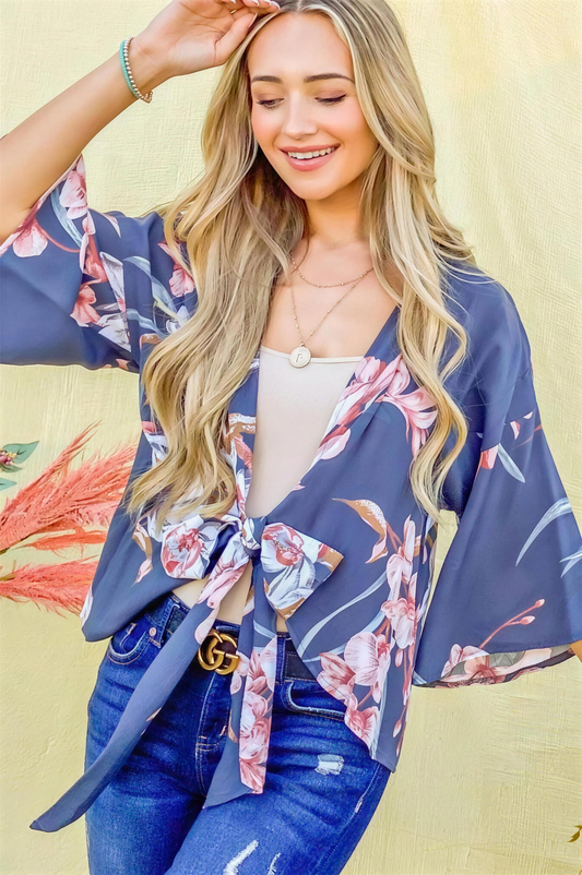 And The Why Front Tie Knot Floral Top in Charcoal