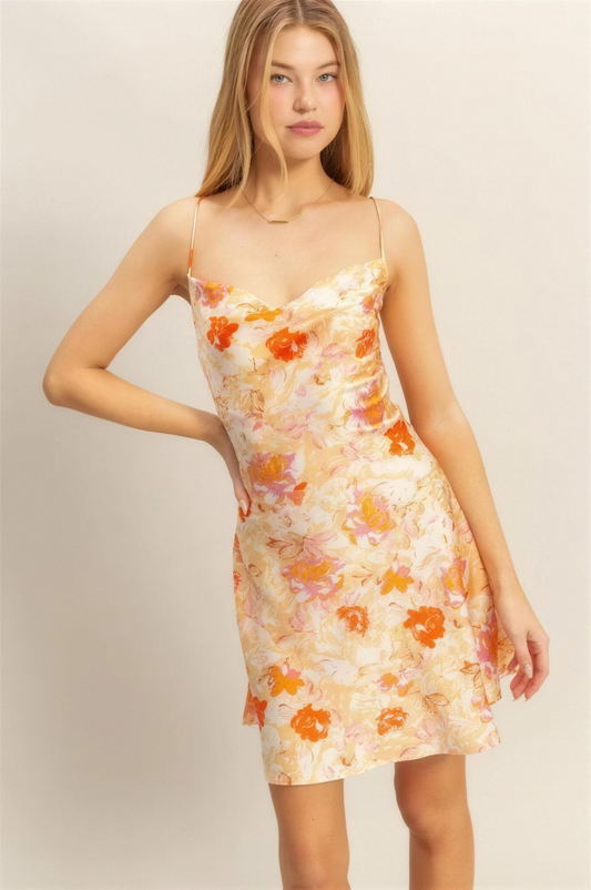 Hyfve Floral Cowl Neck Satin Mini Dress in Orange