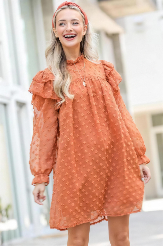 And The Why Ruffle Shoulder Swiss Dot Dress in Camel