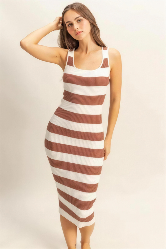 Hyfve Striped Scoop Neck Knit Dress in Caramel