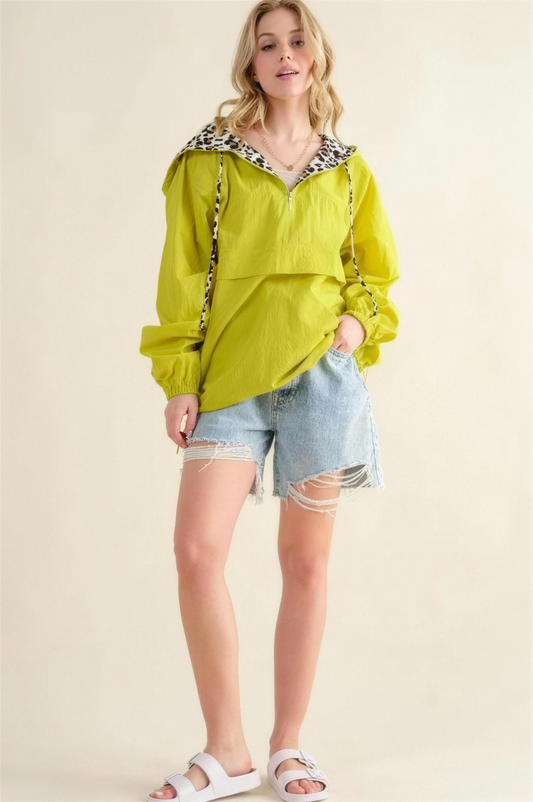 And The Why Leopard Print Zip Windbreaker in Lime
