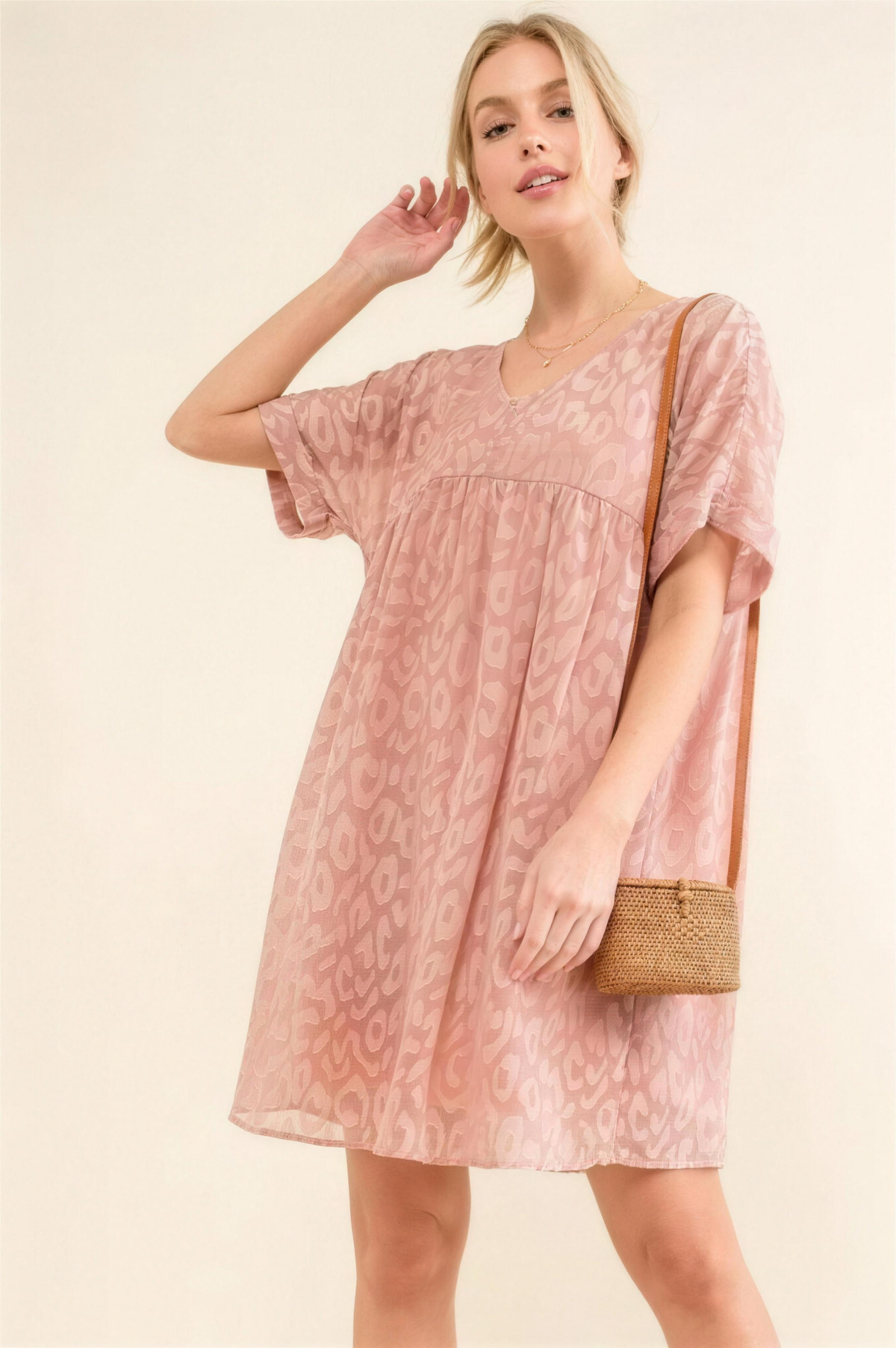 And The Why Leopard Roll-Sleeve Dress in Mauve