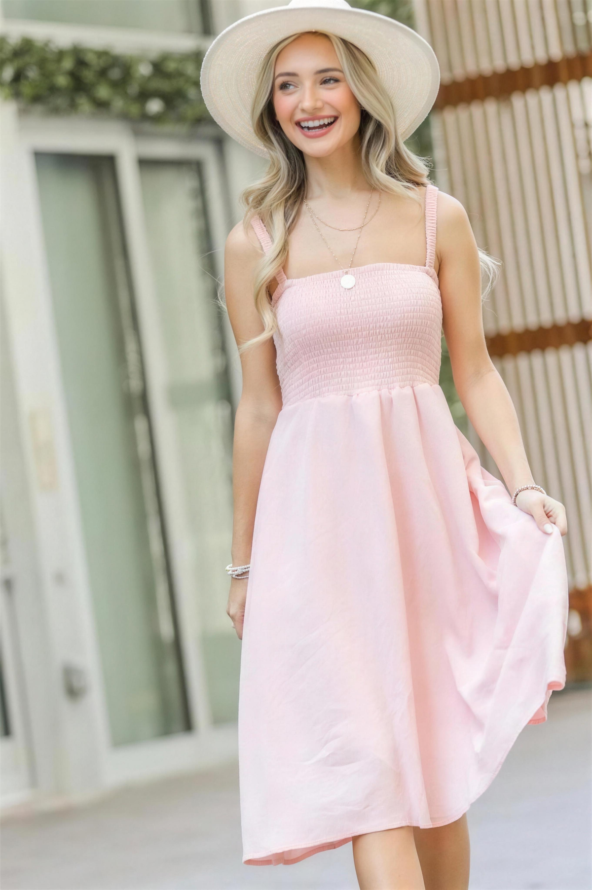 And The Why Smocked Open-Back Midi Dress in Pale Pink