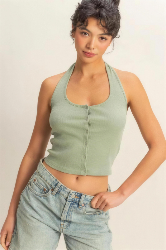 Hyfve Halter Neck Buttoned Top in Sage Green