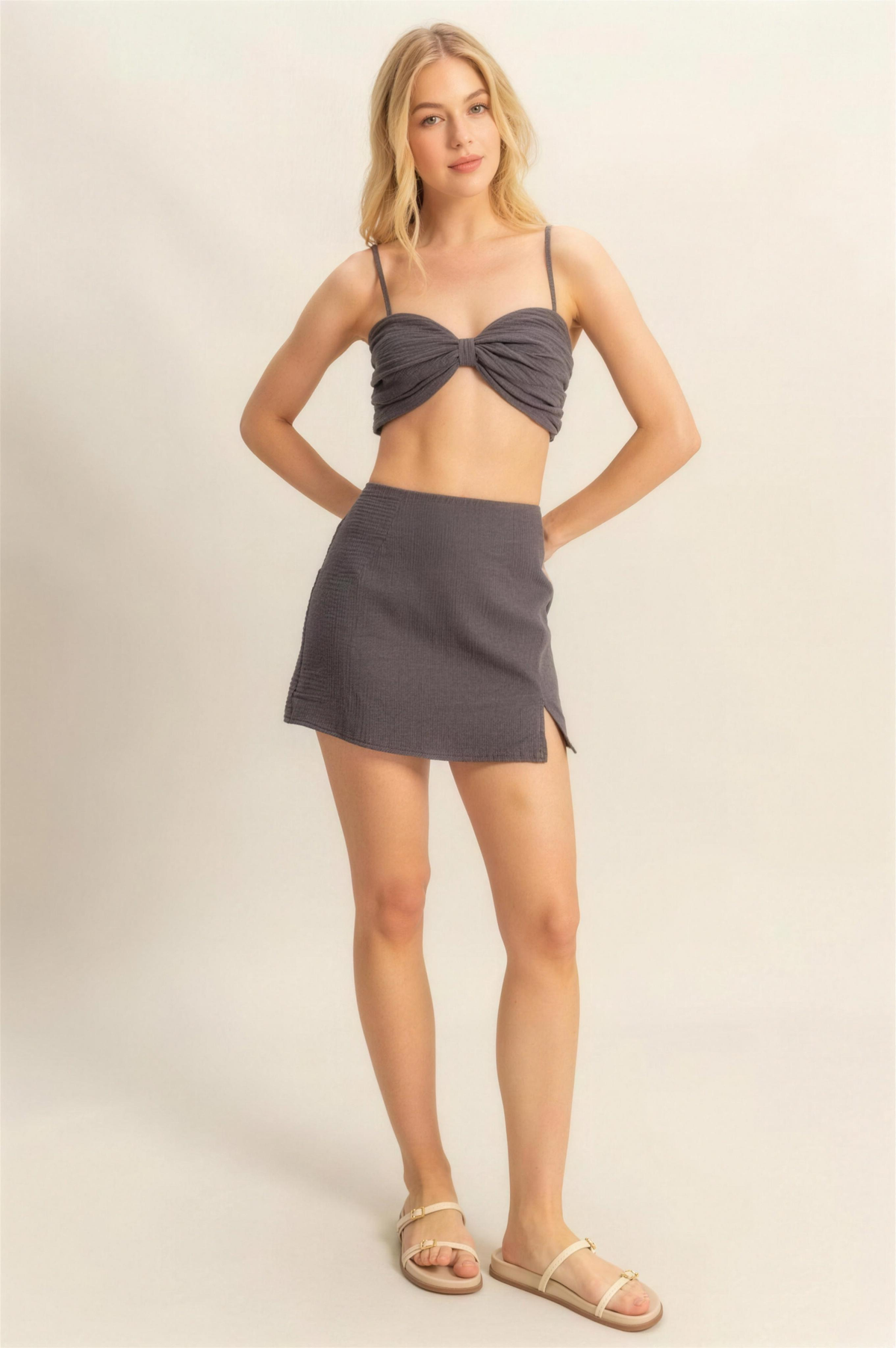 Hyfve Ruched Bra Top and Mini Skirt Set in Charcoal
