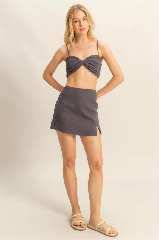 Hyfve Ruched Bra Top and Mini Skirt Set in Charcoal