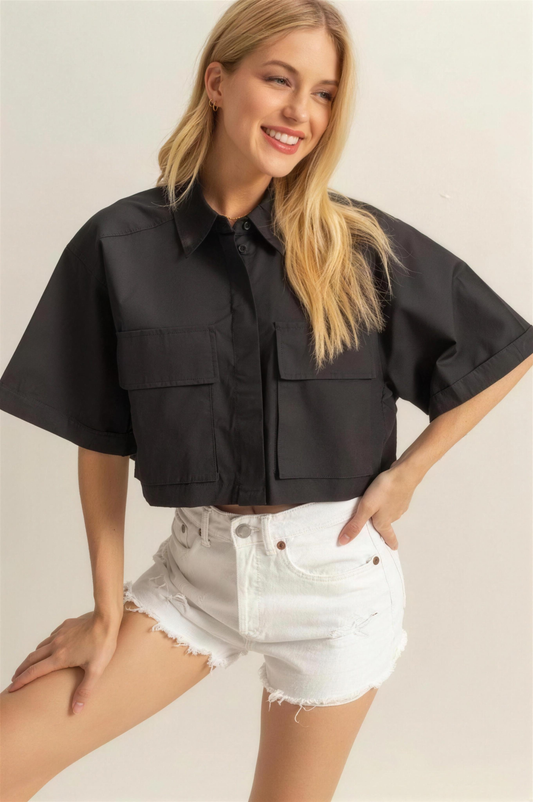 Hyfve Poplin Collared Crop Shirt in Black