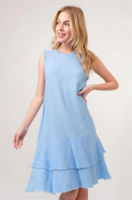 And The Why Washed Fringe Tiered Dress in Baby Blue