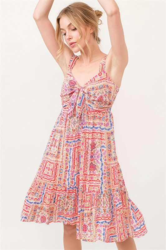 And The Why Tied-Front Tiered Dress in Red Multi