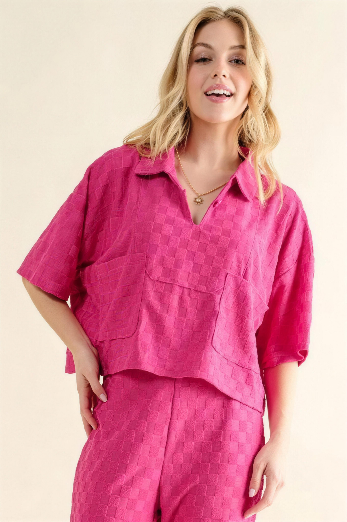 And The Why Checkerboard Oversized Top in Fuchsia