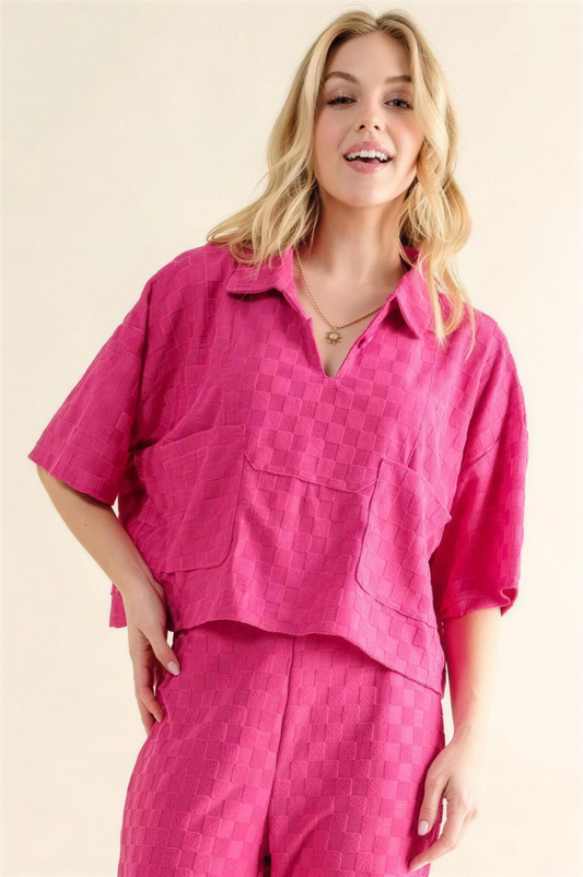 And The Why Checkerboard Oversized Top in Fuchsia