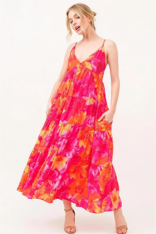 And The Why Floral Tiered Maxi Cami Dress in Orange Multi