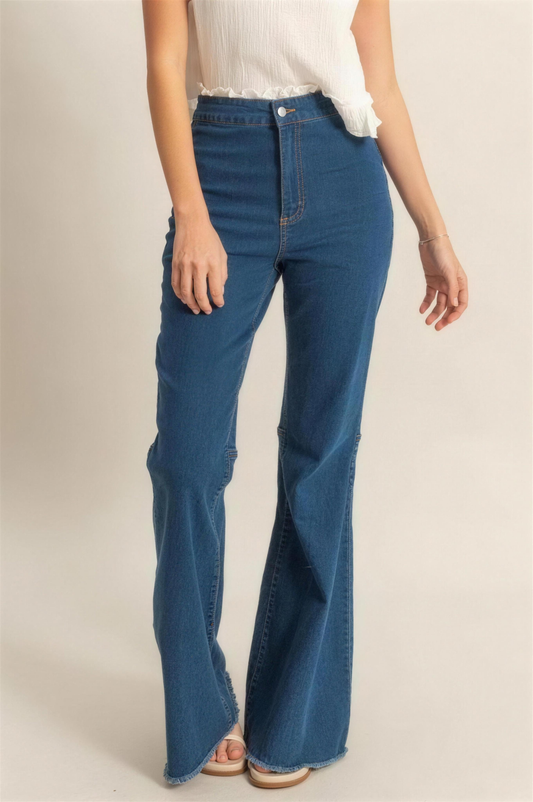 Hyfve Raw Hem High-Waist Flared Jeans in Dark Wash