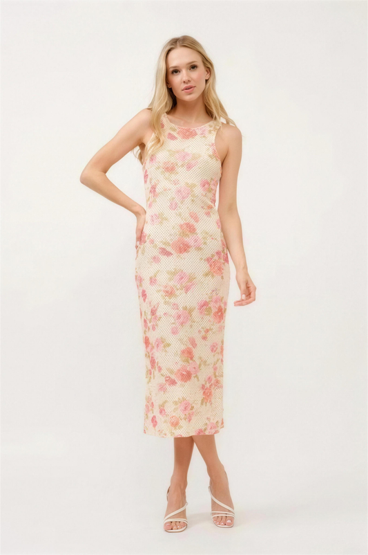 And The Why Floral Fishnet Bodycon Midi Dress in Multi